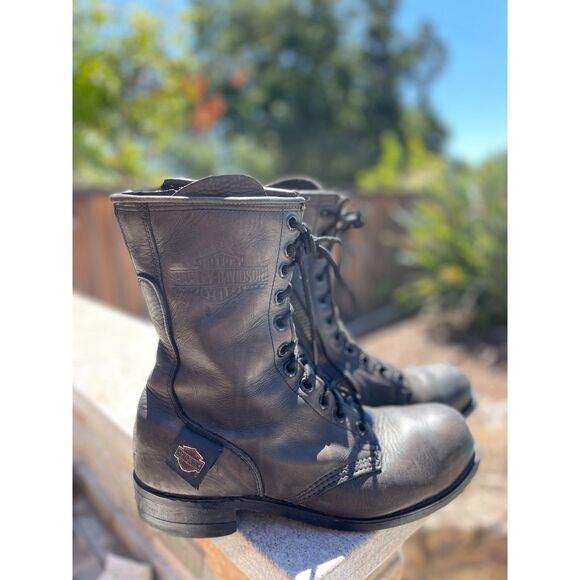 ~ Harley-Davidson 9.5 Men Motorcycle Boots Steel Toe Black Leather Zip Lace W11 - Picture 5 of 16